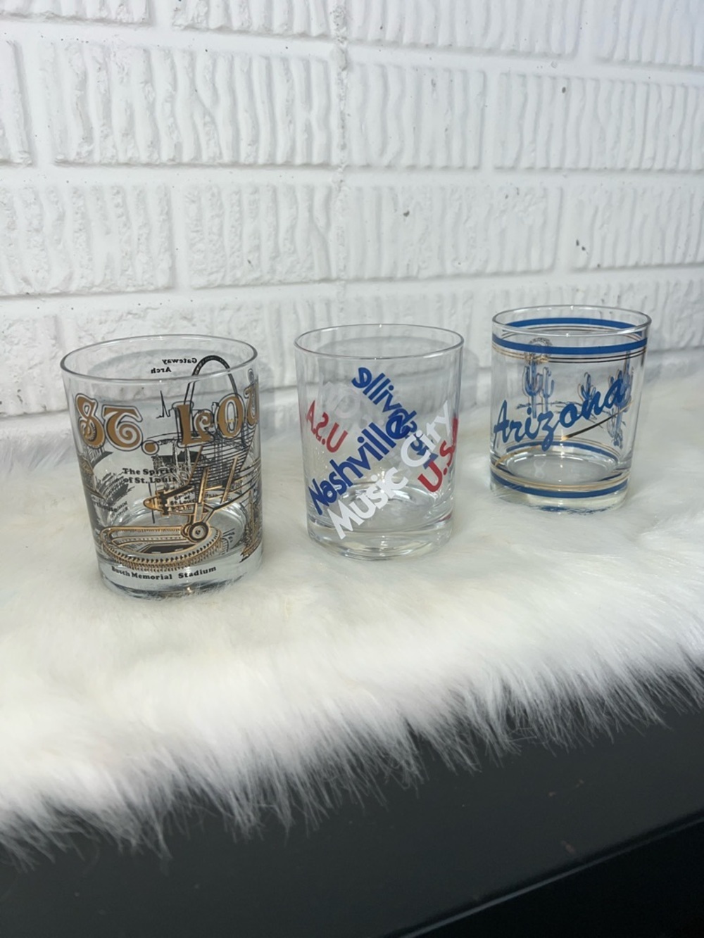 Vintage Clear Glass Souvenir Shot Glasses with Blue and Gold Accents